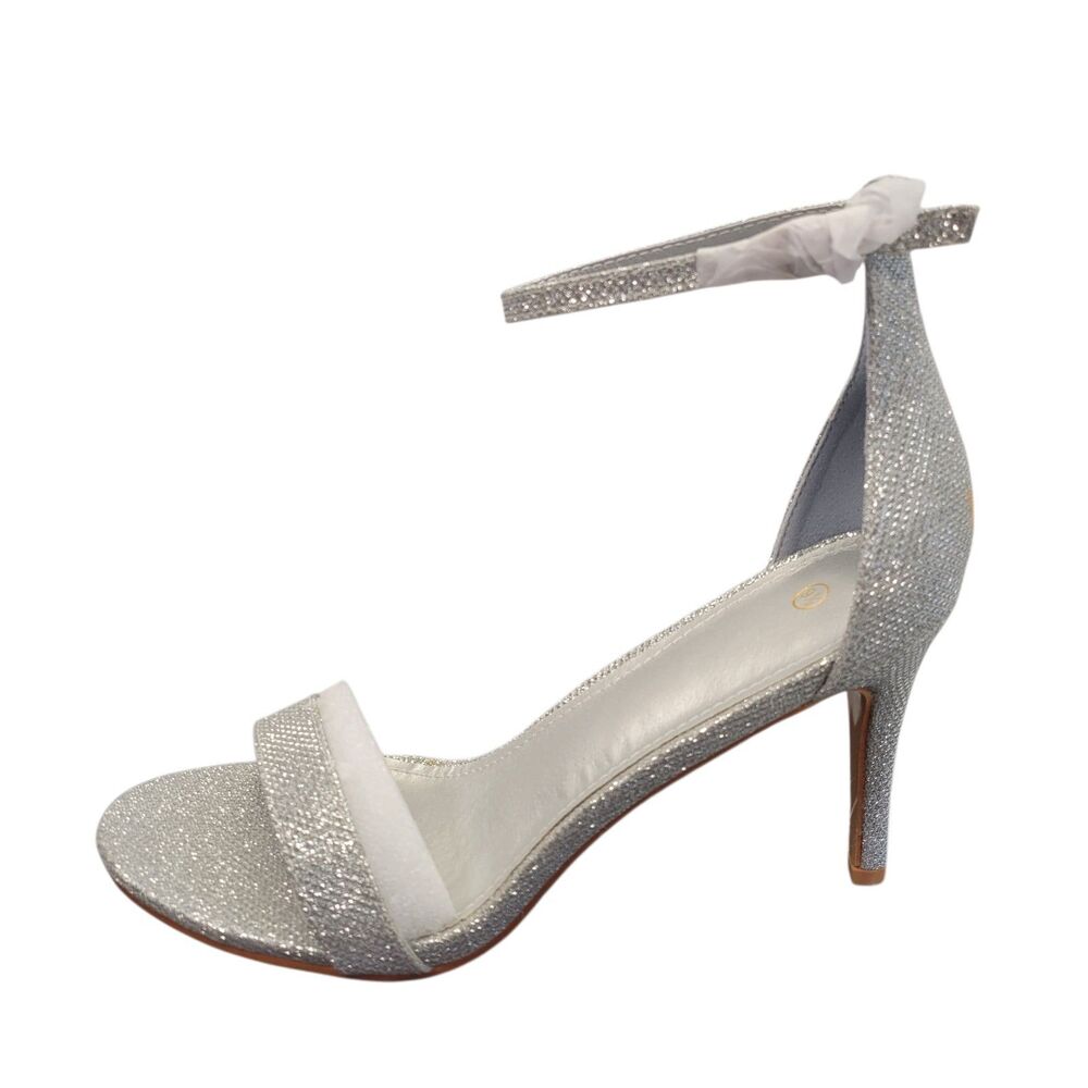 Qonetic Women's Silver Glitter Ankle Strap High Heels Stiletto Sandals Size 9.5 - Picture 6 of 14